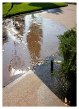 Wasted Water Flowing Over the Concrete Our Glendale Arizona Sprinkler Repair Contractors Prevent Wasted Water